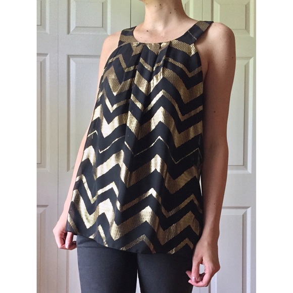NWOT IZ Byer Black & Gold Chevron Top - Picture 1 of 4